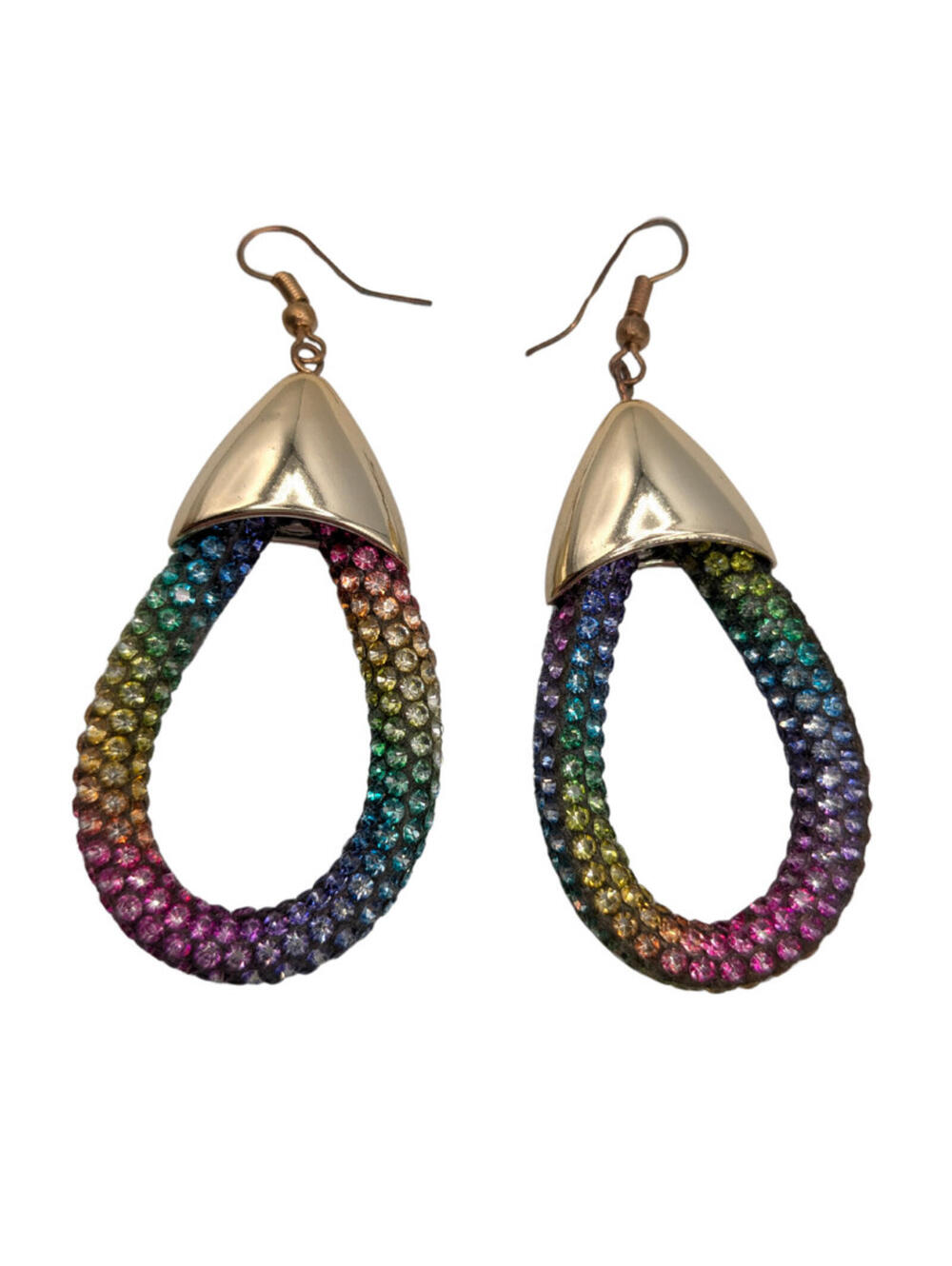 Crystal Women's Teardrop Hoop Multicolored Earrings Lightweight Gold Tone